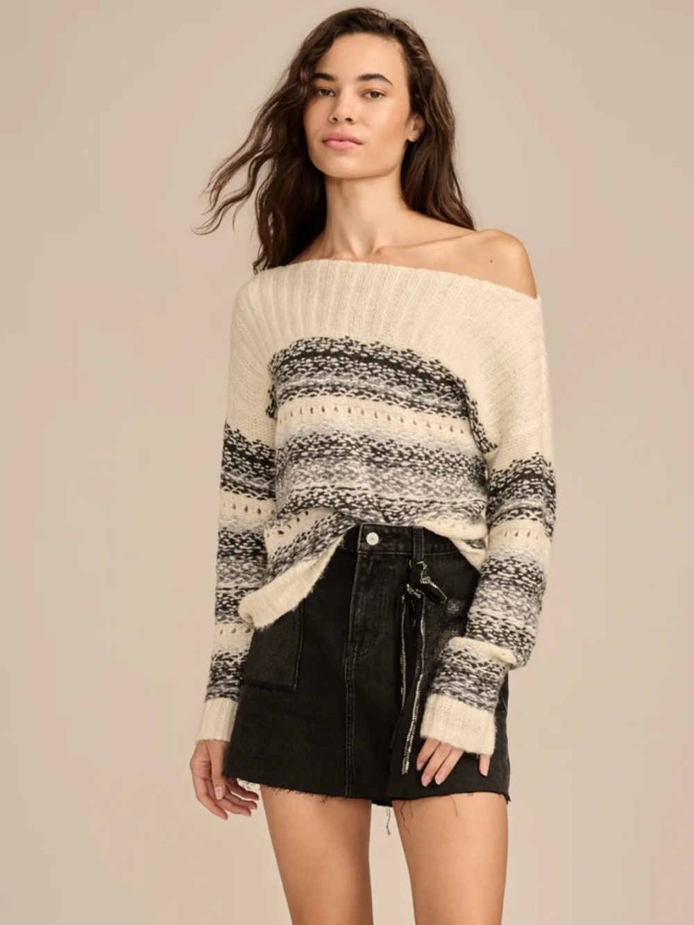 NWT LUCKY BRAND Fair Isle Boatneck Sweater in Ivory Wool Blend